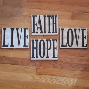 4 wood plaques,  FAITH, HOPE, LIVE, LOVE